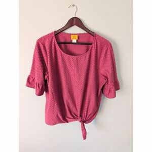 Ruby Rd. Textured Pink Scoop Neck Tie Front Frilled Sleeves Size XL